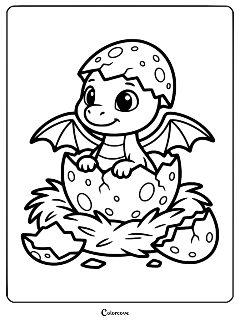 A cute baby dragon hatching from a spotted egg in a nest, featured in a free printable coloring page.