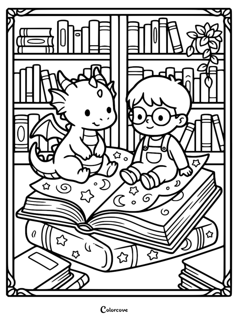 A cute dragon and a boy with glasses sitting on an open magical book in a library, printable coloring page.