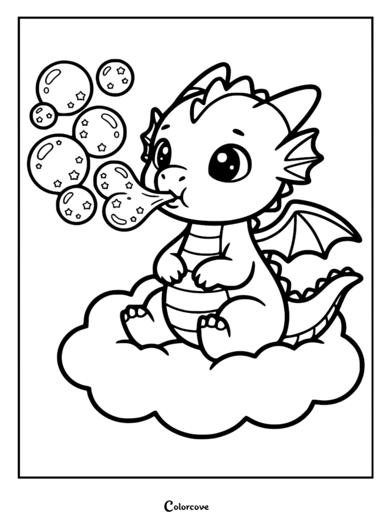 A cute dragon sitting on a cloud blowing star-filled bubbles in this free printable coloring page.