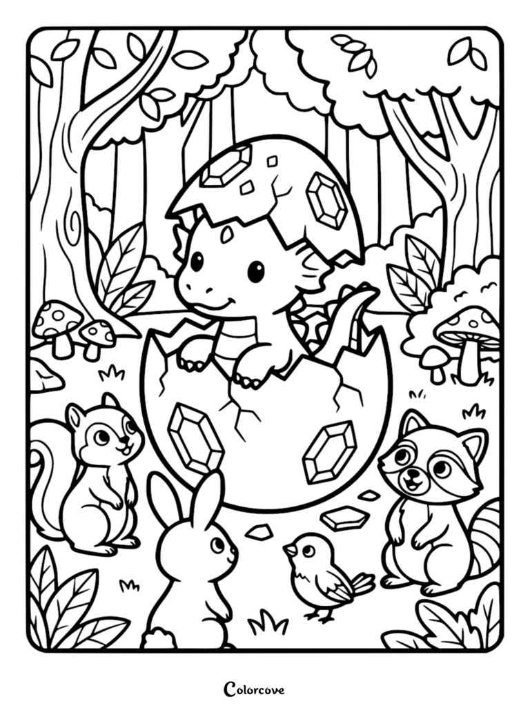 Cute dragon hatching from a crystal egg surrounded by forest animals in this printable coloring page.