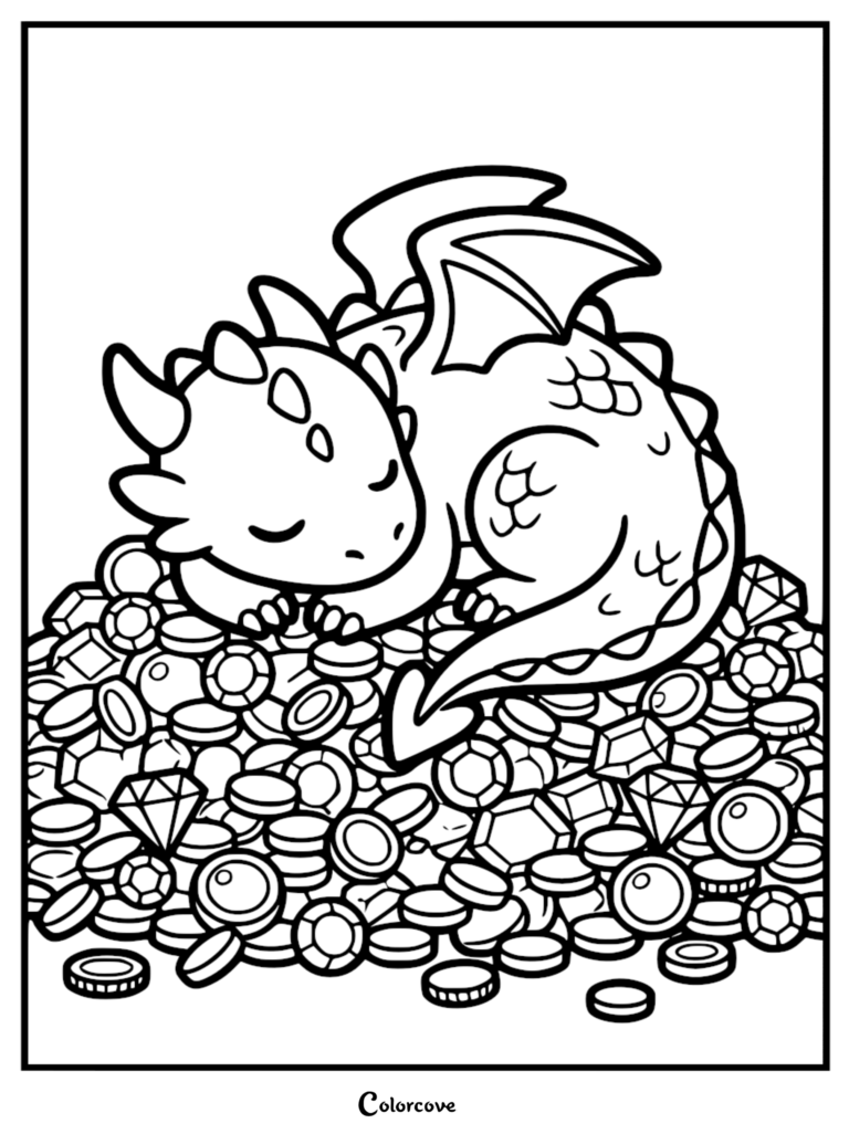 A cute dragon sleeping peacefully on a large pile of gold coins and sparkling gemstones in this free printable coloring page.