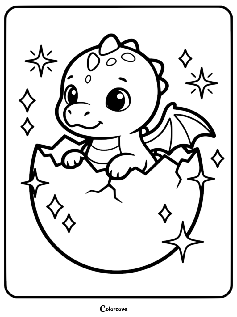 A cute baby dragon hatching from a cracked egg surrounded by sparkling stars in this free printable coloring page.