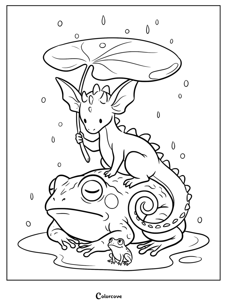 A cute dragon holding a large leaf as an umbrella over a sleeping frog in the rain, printable coloring page.