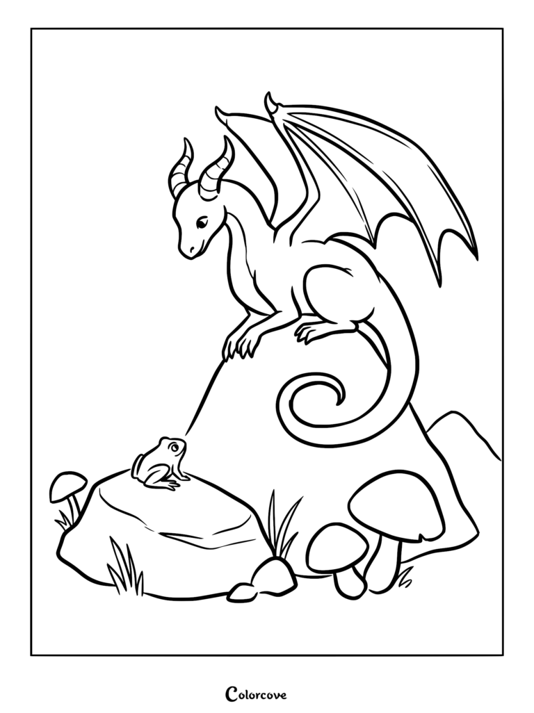 A cute dragon perched on a large rock looking down at a small frog in this printable coloring page.