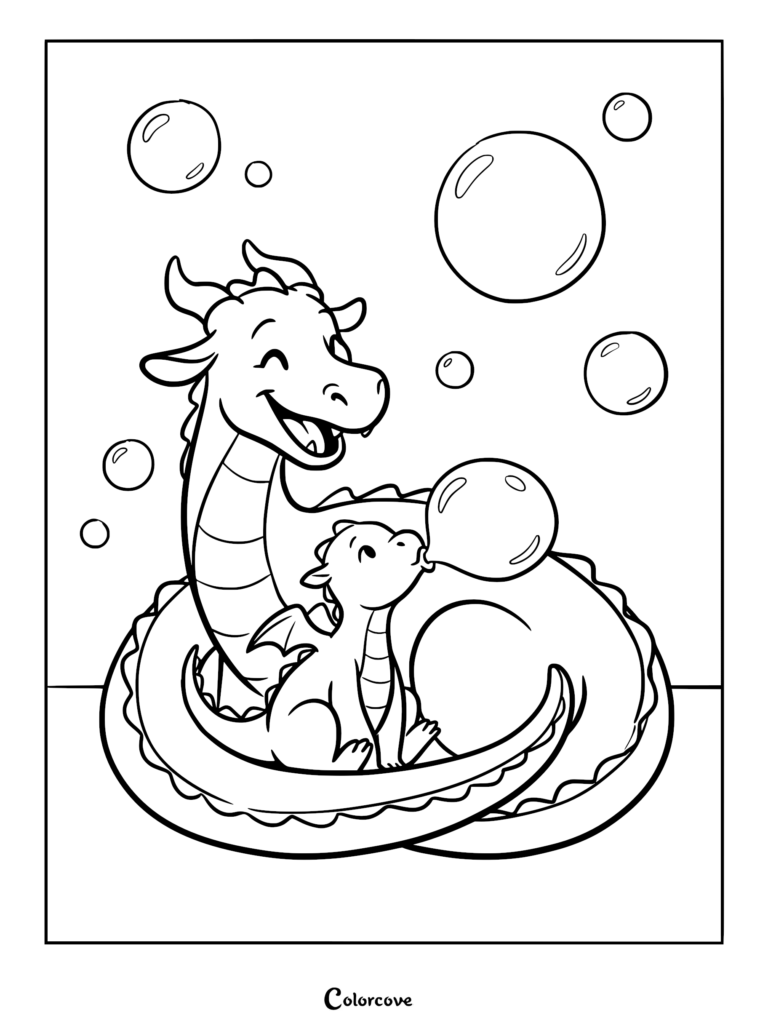 A cute dragon parent watching a baby dragon blow a bubble in this printable coloring page.