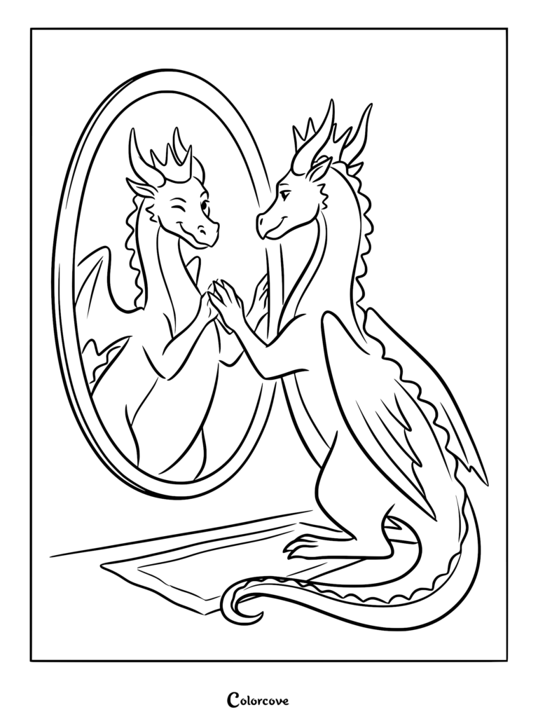 A cute dragon touching its reflection in an oval mirror in this printable coloring page.