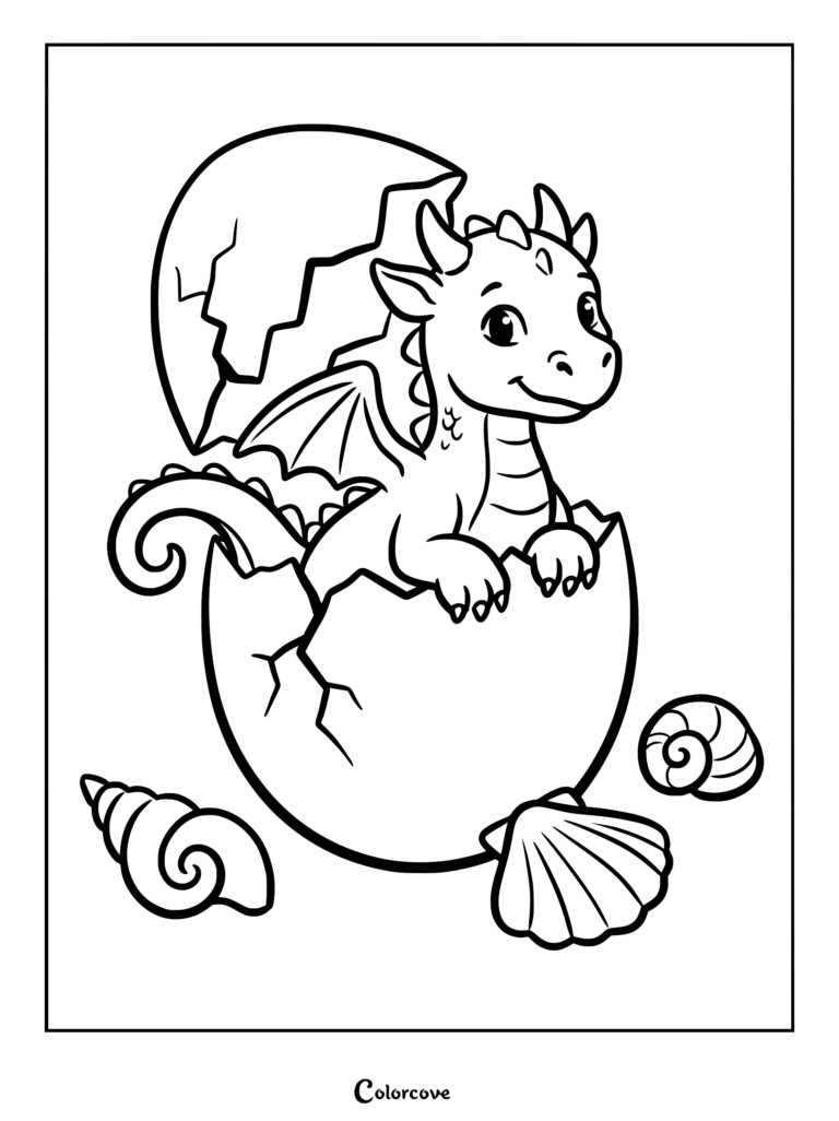 A cute baby dragon hatching from a cracked egg surrounded by seashells in this printable coloring page.
