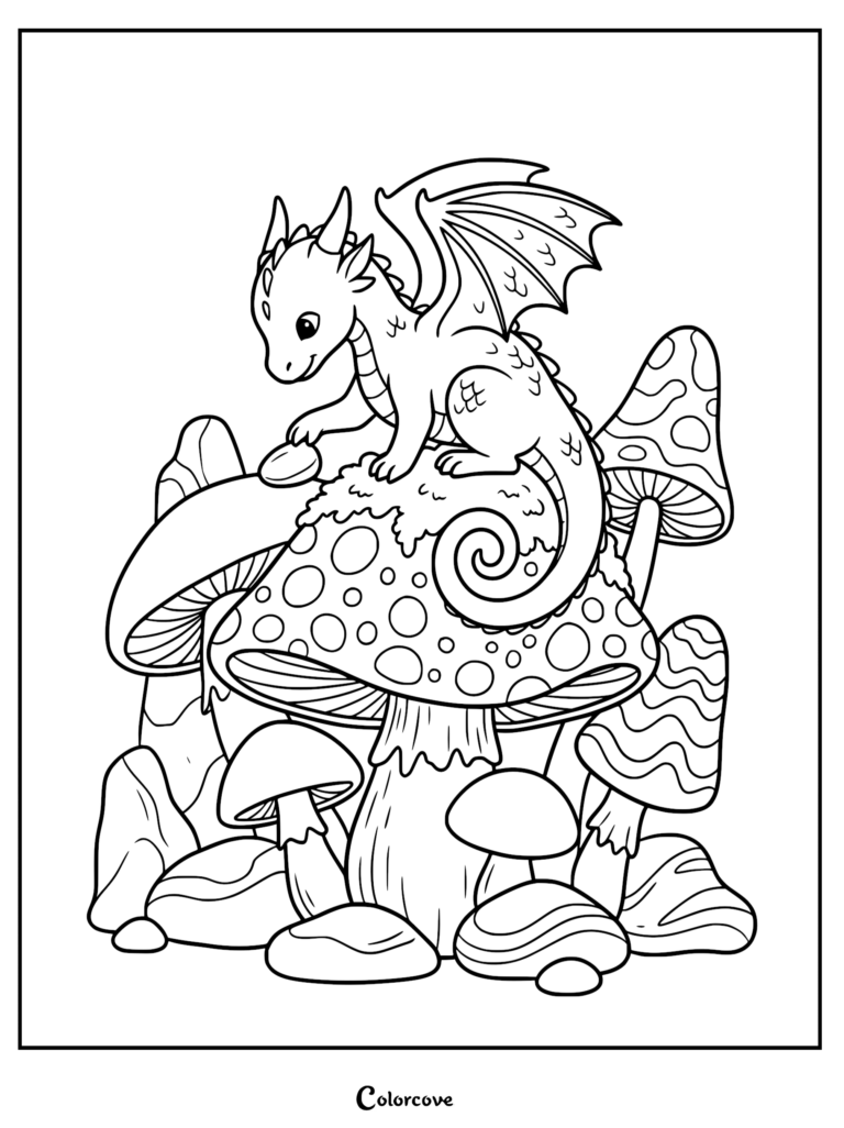 small dragon rests atop a large spotted mushroom.