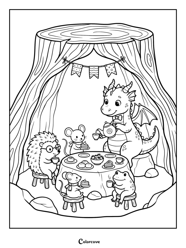 A cute dragon pouring tea for a hedgehog, two mice, and a frog inside a hollow tree stump coloring page.