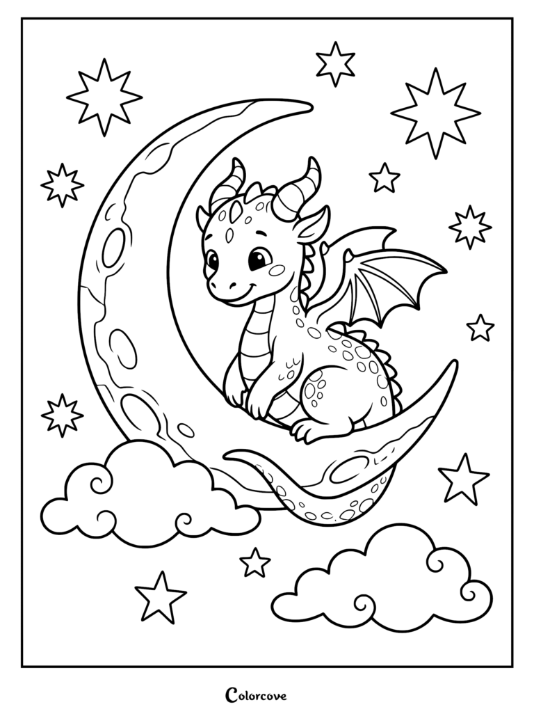 A cute dragon sitting on a crescent moon surrounded by stars and clouds in this printable coloring page.