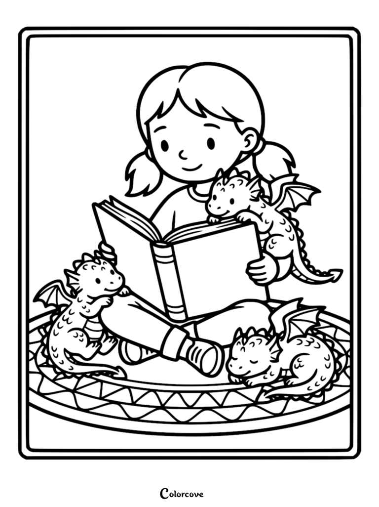 A girl reading a book to three cute dragons on a circular rug in this printable coloring page.