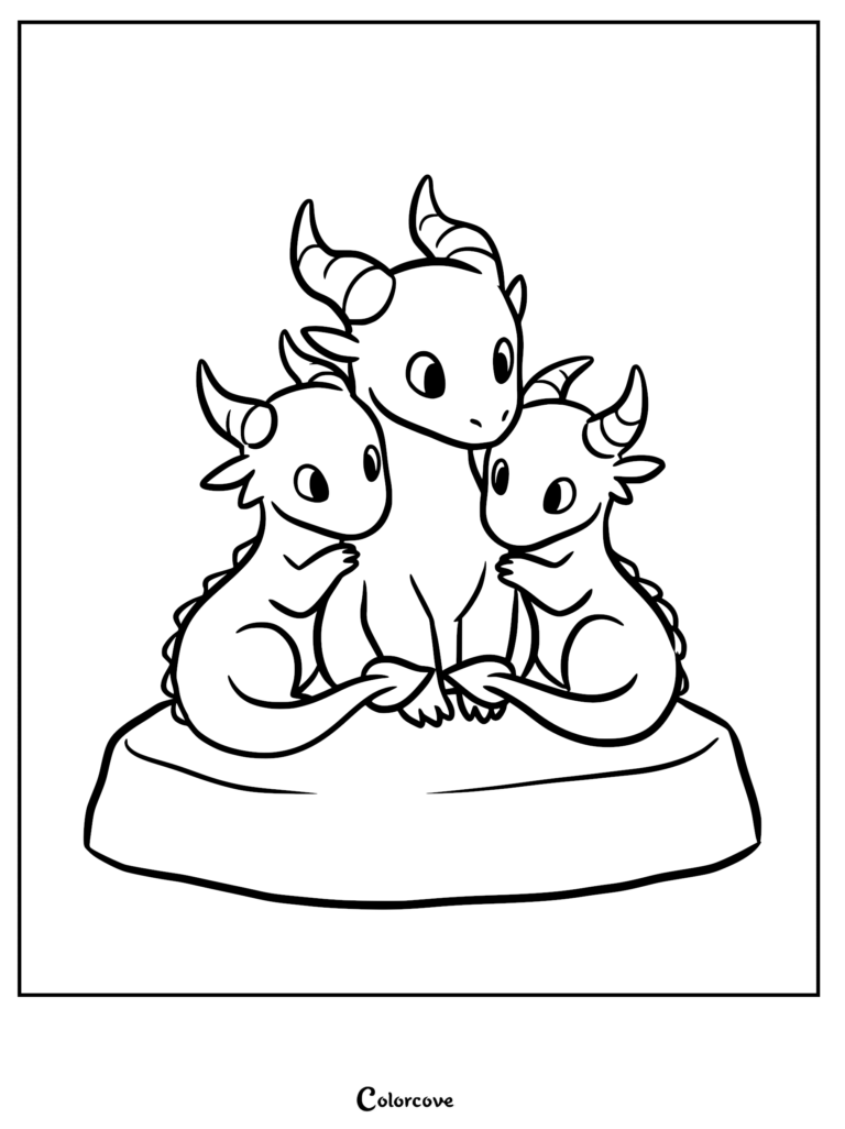 A coloring page featuring a large central dragon being hugged by two smaller baby dragons on a stone platform.