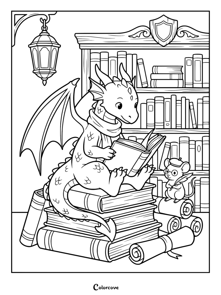 A cute dragon wearing a scarf sits on a stack of books reading, while a small mouse with glasses and a beret stands nearby in a library, presented as a printable coloring page.