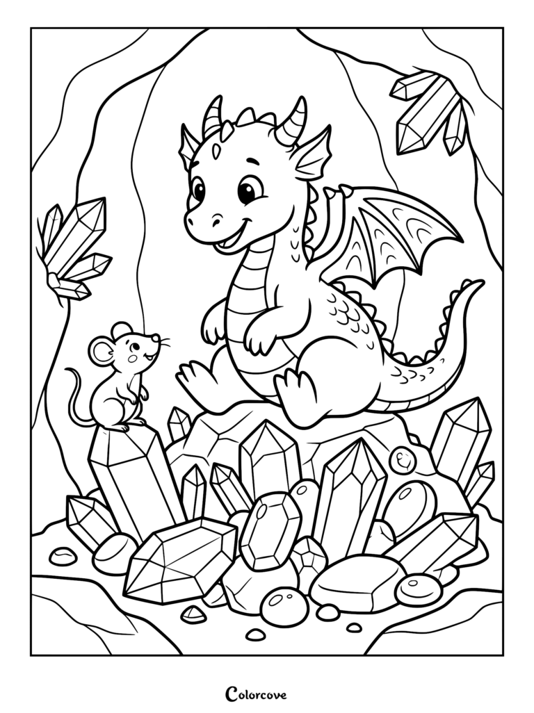 A cute dragon sitting on a pile of crystals with a small mouse perched on a crystal point in a cave coloring page.