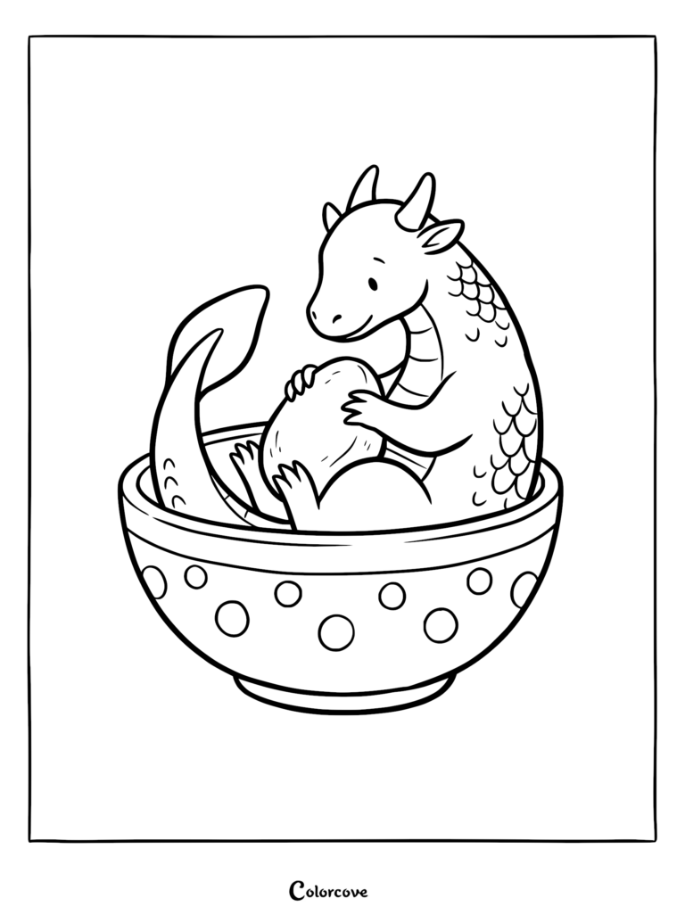 A cute dragon sitting inside a polka dot bowl holding an egg in this printable coloring page.