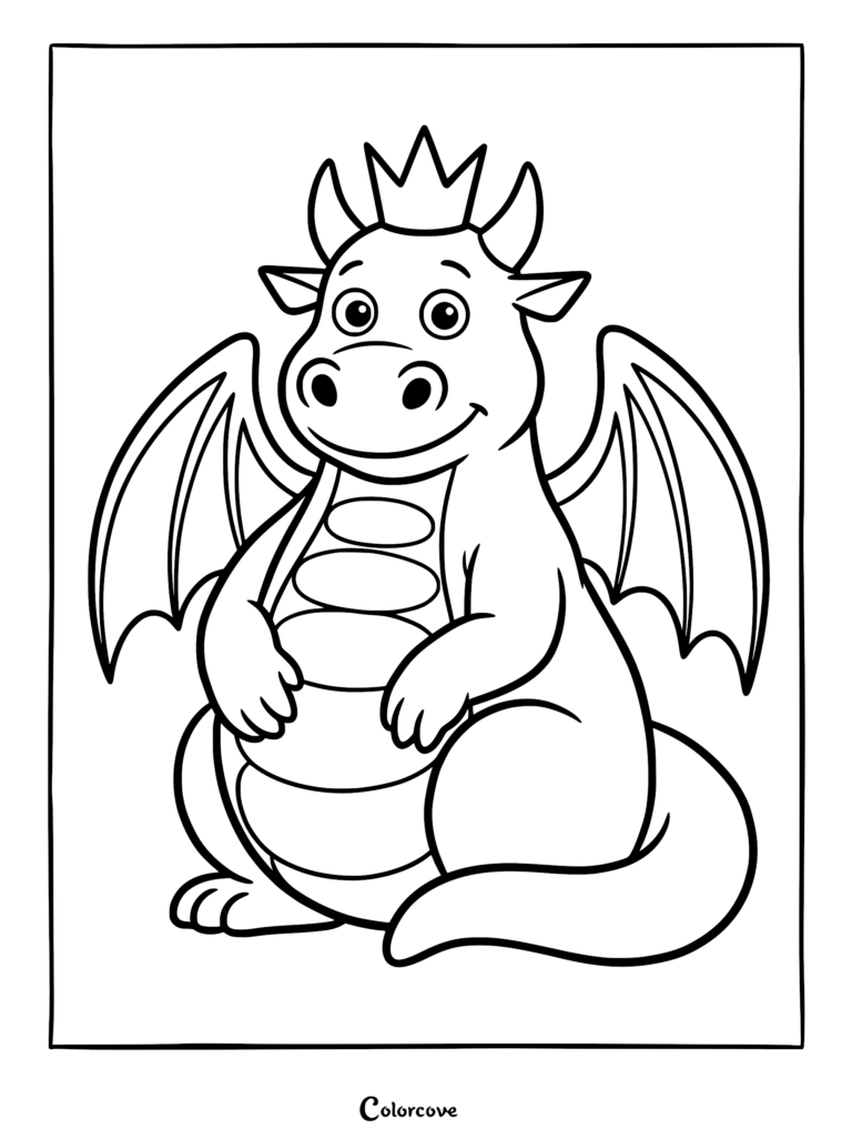 A cute dragon wearing a small crown on its head, coloring page with bold outlines.