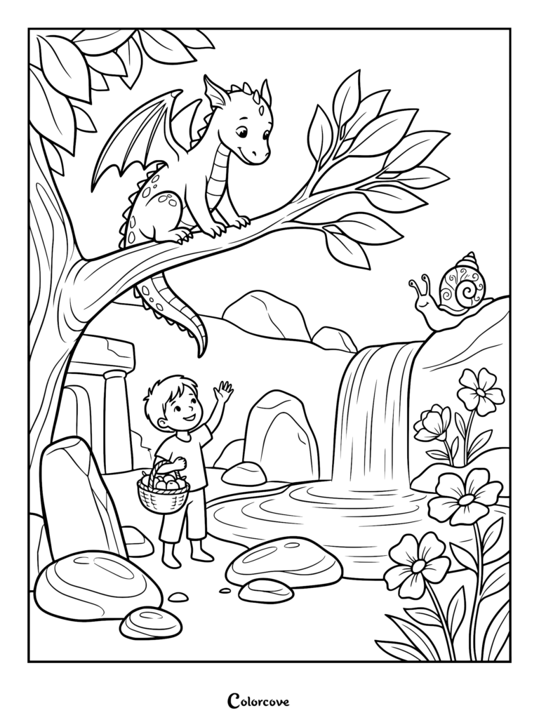 A cute dragon perched on a tree branch looking down at a young boy holding a basket of fruit near a waterfall and a snail on a rock in this printable coloring page.