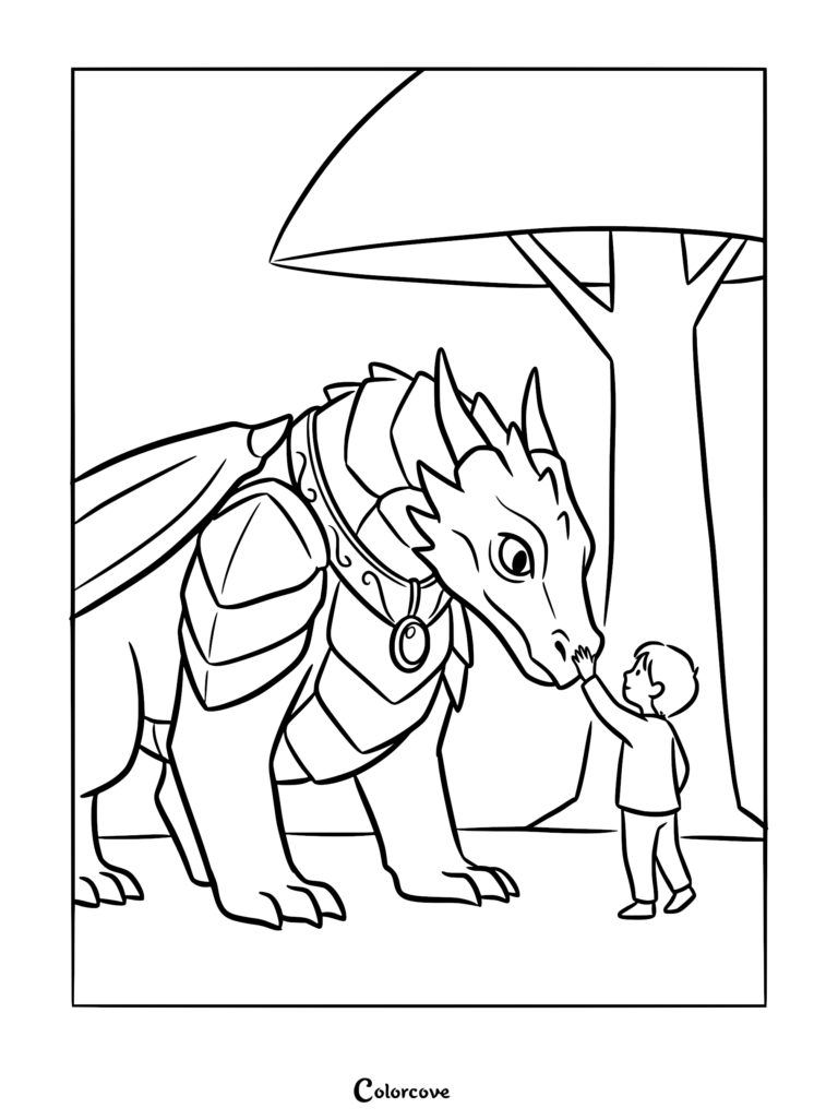 A young boy gently touching the nose of a cute armored dragon under a tree in this printable coloring page.