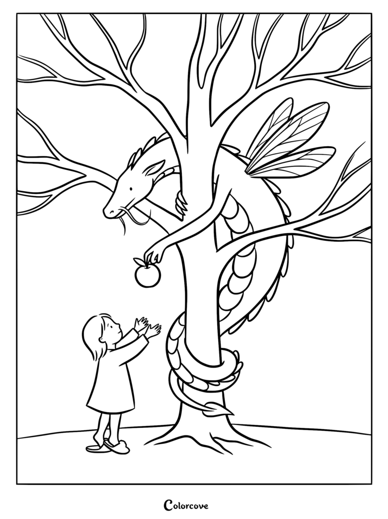 A cute dragon with wings coiled around a tree handing an apple to a young girl in this printable coloring page.