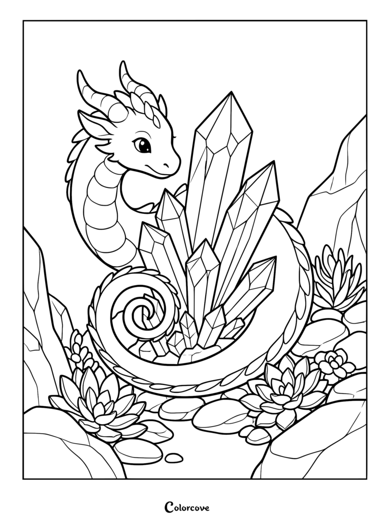 A cute dragon with a curled tail sitting behind a cluster of sharp crystals in a rocky succulent garden coloring page.