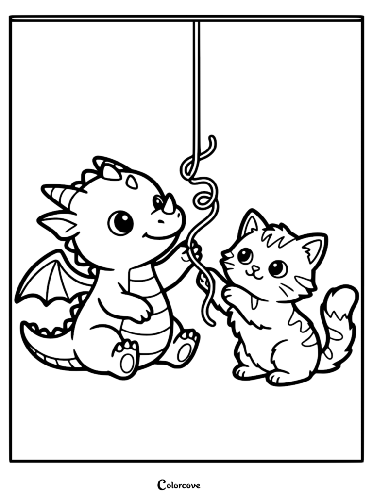 A cute dragon and a small kitten playing with a hanging string in this free printable coloring page.