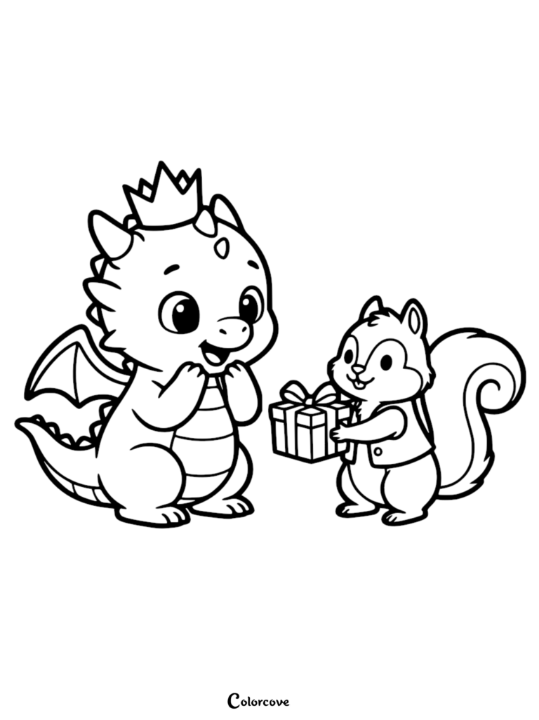 A cute dragon wearing a crown receiving a gift from a squirrel in this printable coloring page.