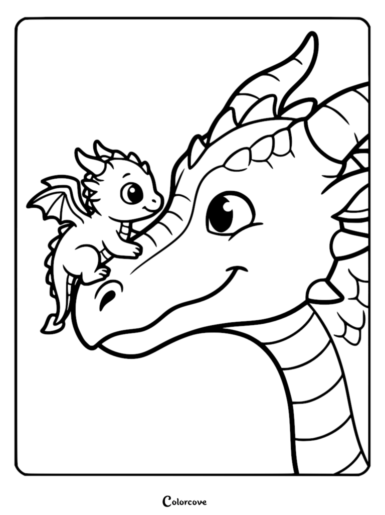A cute baby dragon sitting on the nose of a large friendly dragon in this printable coloring page.