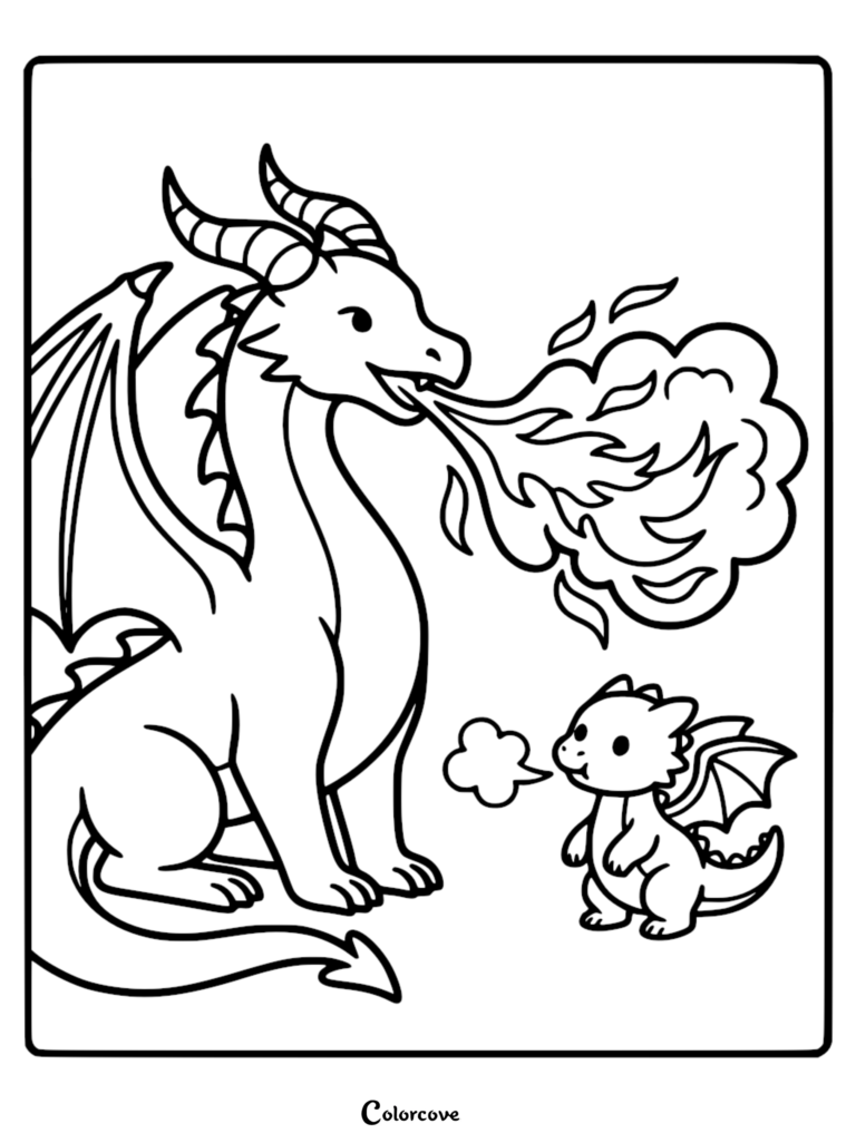 A large adult dragon breathing fire in front of a small baby dragon in this cute dragon coloring page.