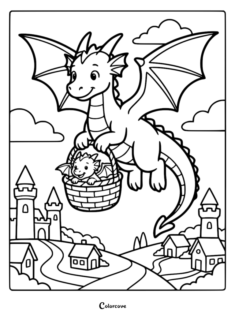 A mother dragon flying over a village carrying a baby dragon in a basket in this cute dragon coloring page.