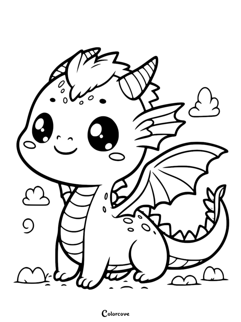 A cute dragon coloring page featuring a small, friendly dragon with large eyes and striped horns standing among clouds.