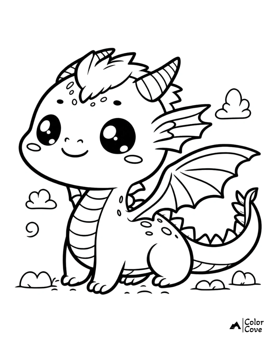 Cute baby dragon coloring page with wings and horns, perfect for kids and fantasy lovers to color and enjoy.