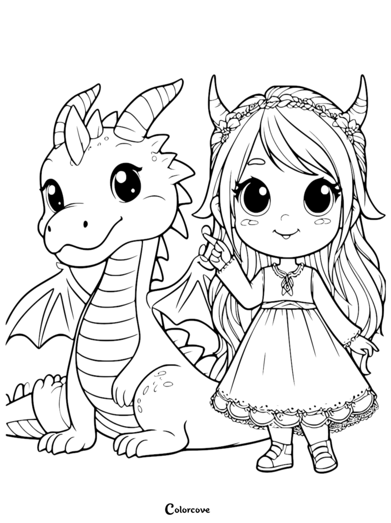 A cute dragon sitting next to a girl wearing a flower crown in this free printable coloring page.