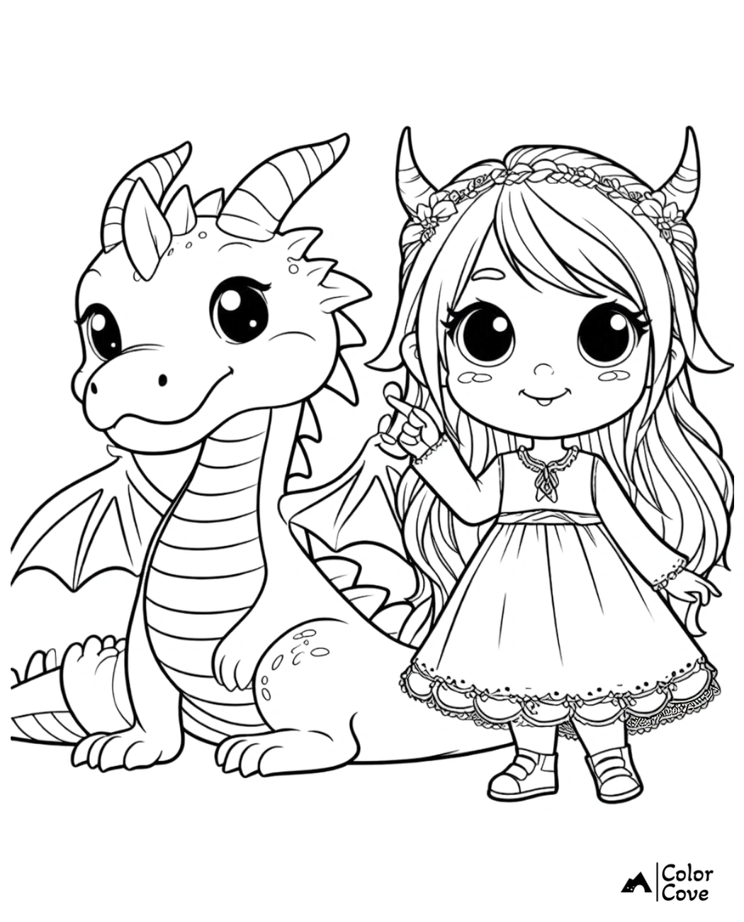 Cute coloring page of a little girl with a dragon, both smiling, for kids to color and enjoy creative fun.