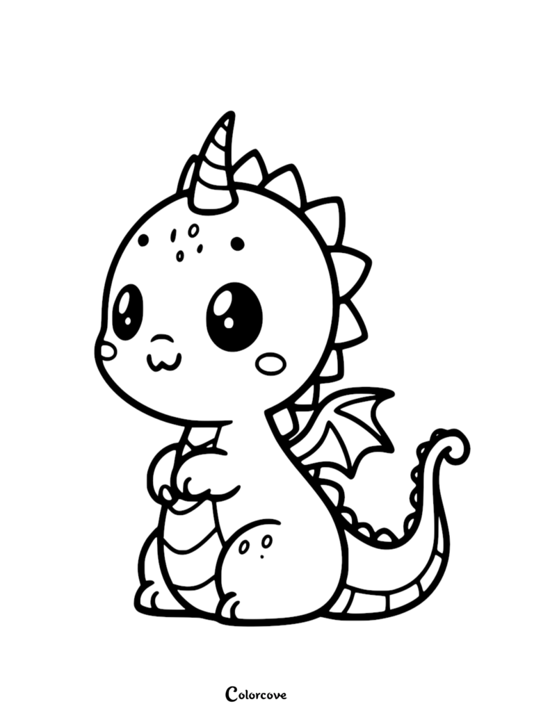 A cute dragon with a single horn and small wings in this printable coloring page sheet 11.