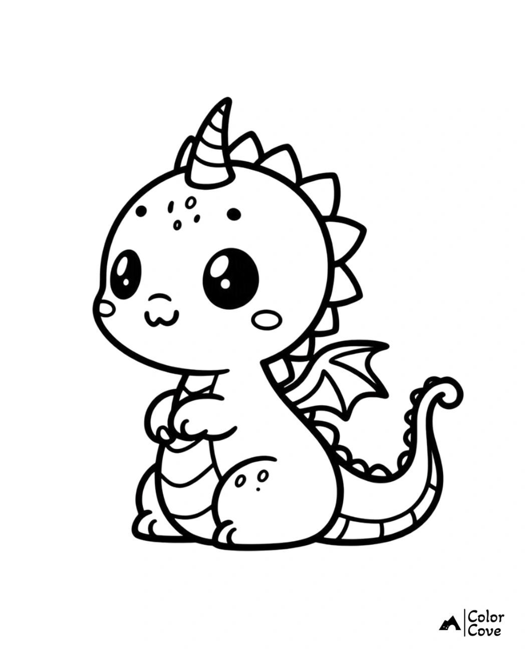 Cute baby dragon coloring page with a tiny horn, wings, and big eyes, perfect for kids' imaginative coloring fun.