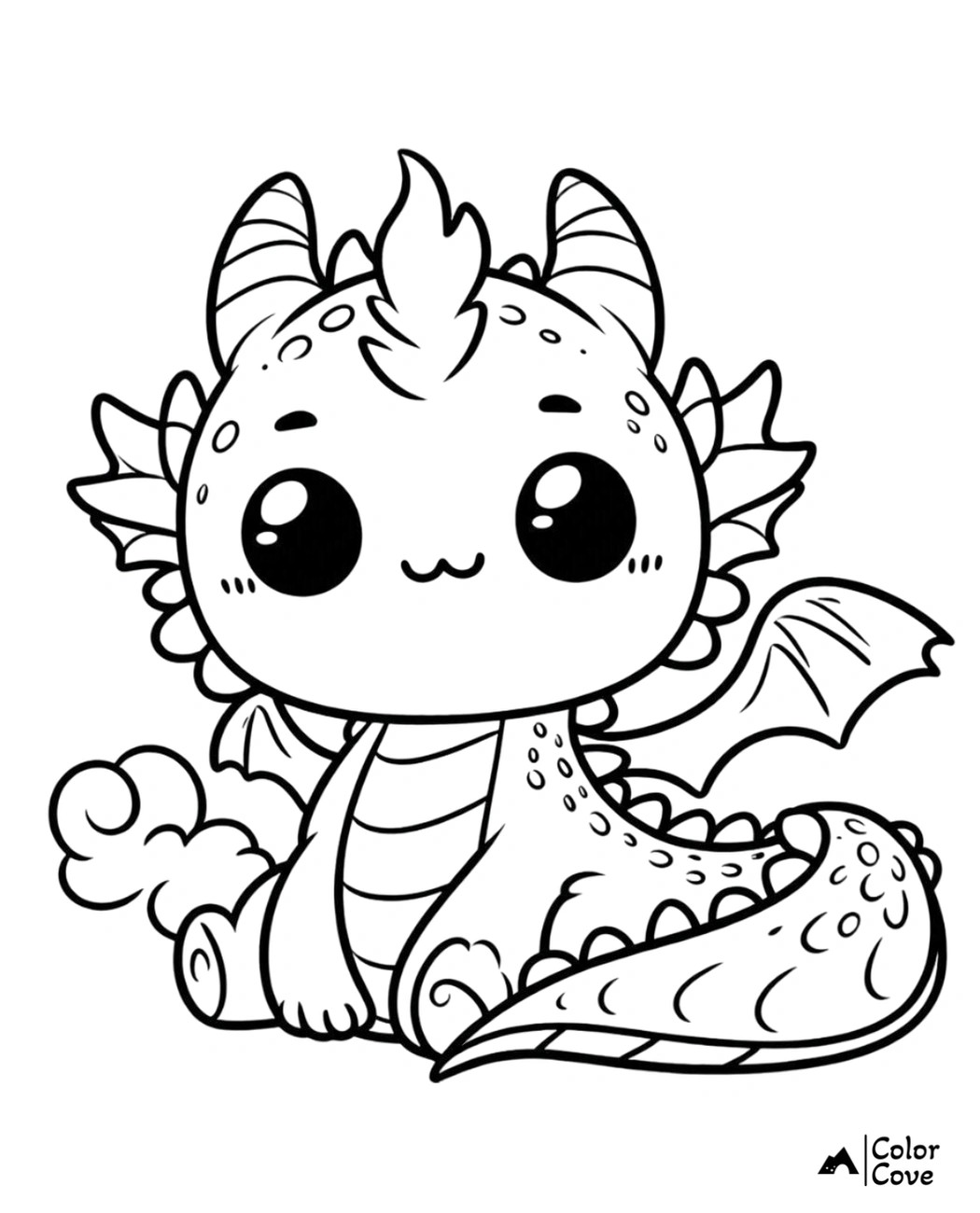 Cute baby dragon coloring page with big eyes, sitting with wings and a curly tail, perfect for kids' creative activities.