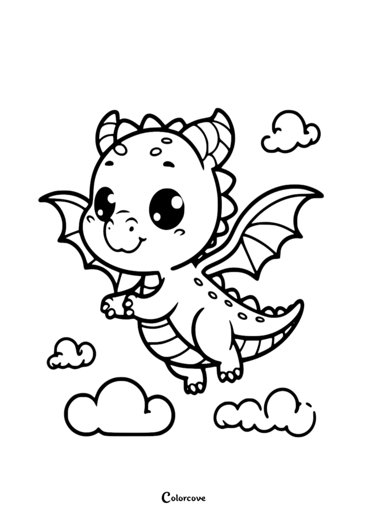 A cute dragon flying through the sky with fluffy clouds in this printable coloring page sheet 13.