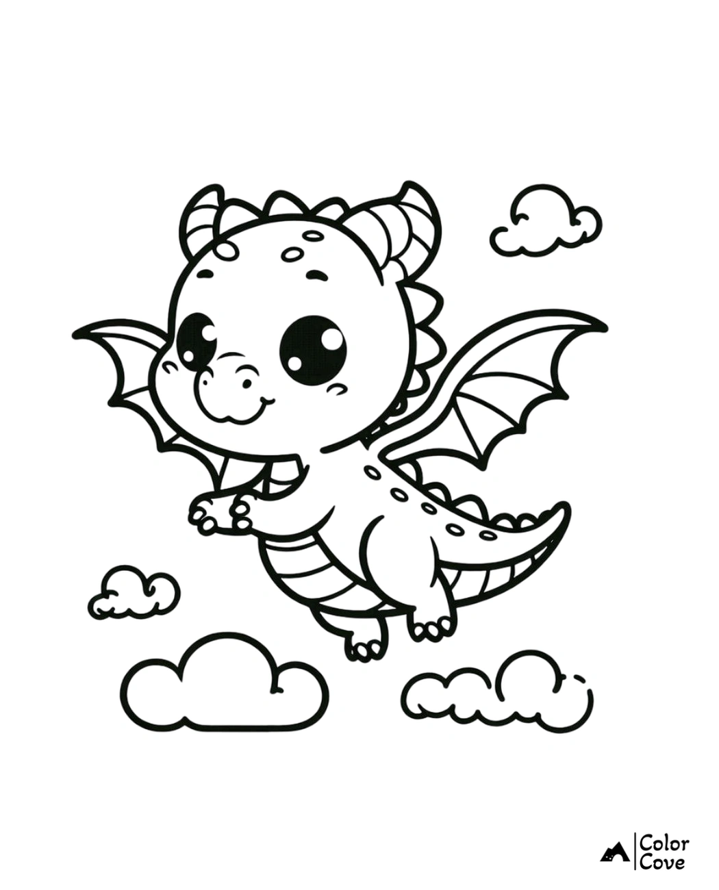 Cute dragon coloring page for kids, featuring a smiling dragon flying among clouds. Perfect fun and educational activity.