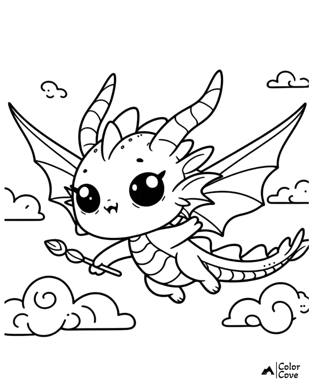 Cute baby dragon coloring page featuring a flying dragon with big eyes holding a paintbrush, surrounded by clouds.