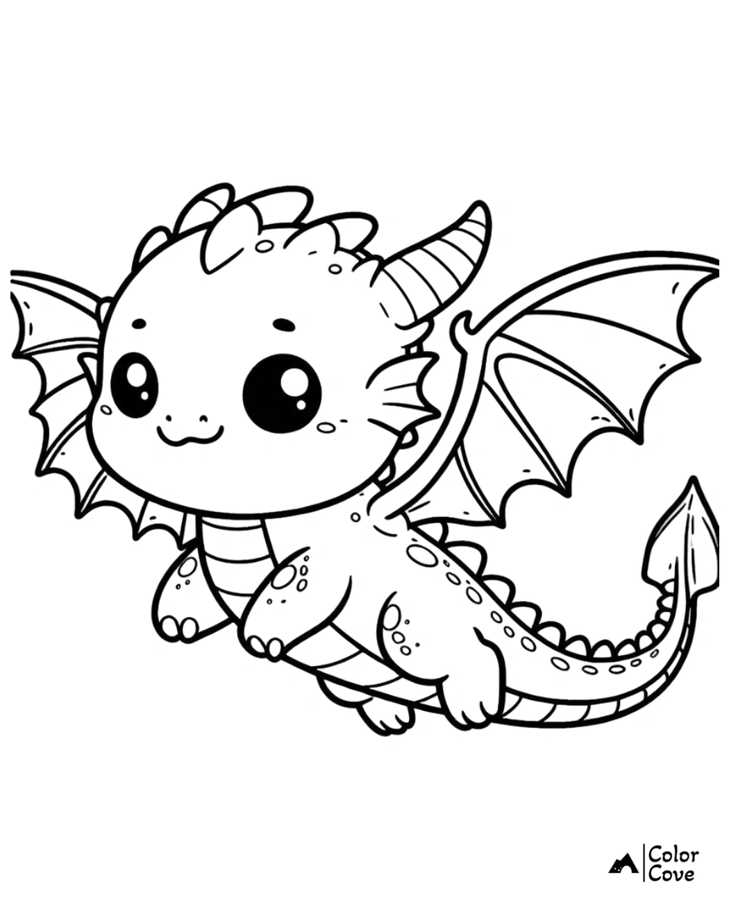 Cute dragon coloring page for kids, featuring an adorable baby dragon with wings and a smile, ready to be colored.