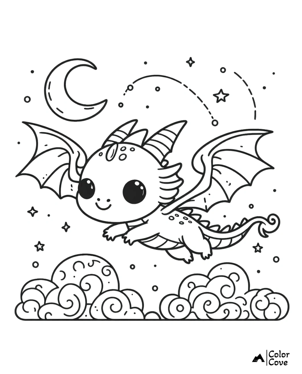 Cute baby dragon coloring page, flying in a starry night sky with crescent moon and fluffy clouds, perfect for kids.