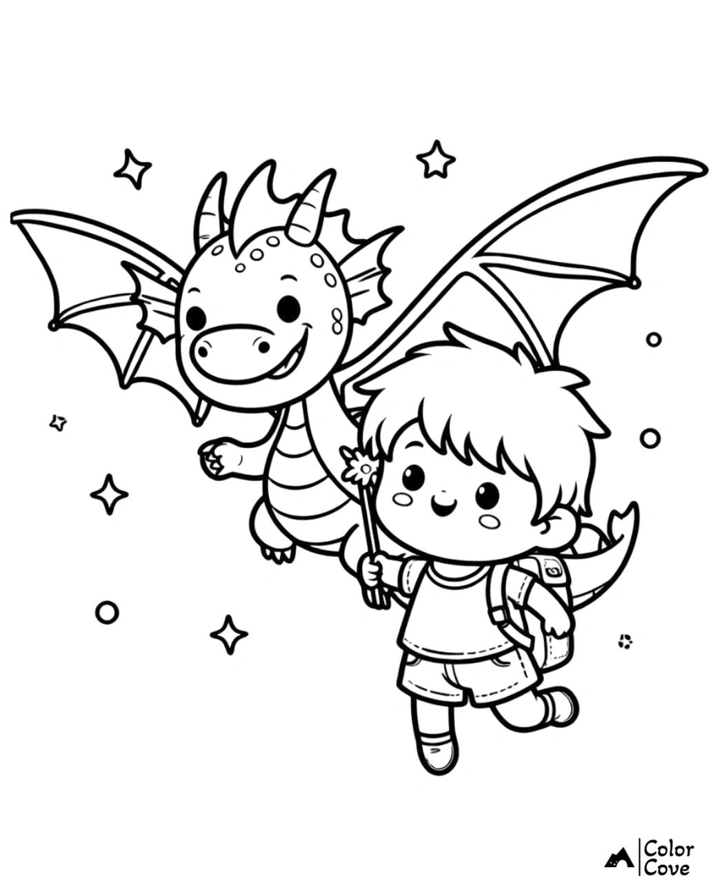 Coloring page: A happy child holding a flower, flying with a smiling dragon surrounded by stars. ColorCove branding.