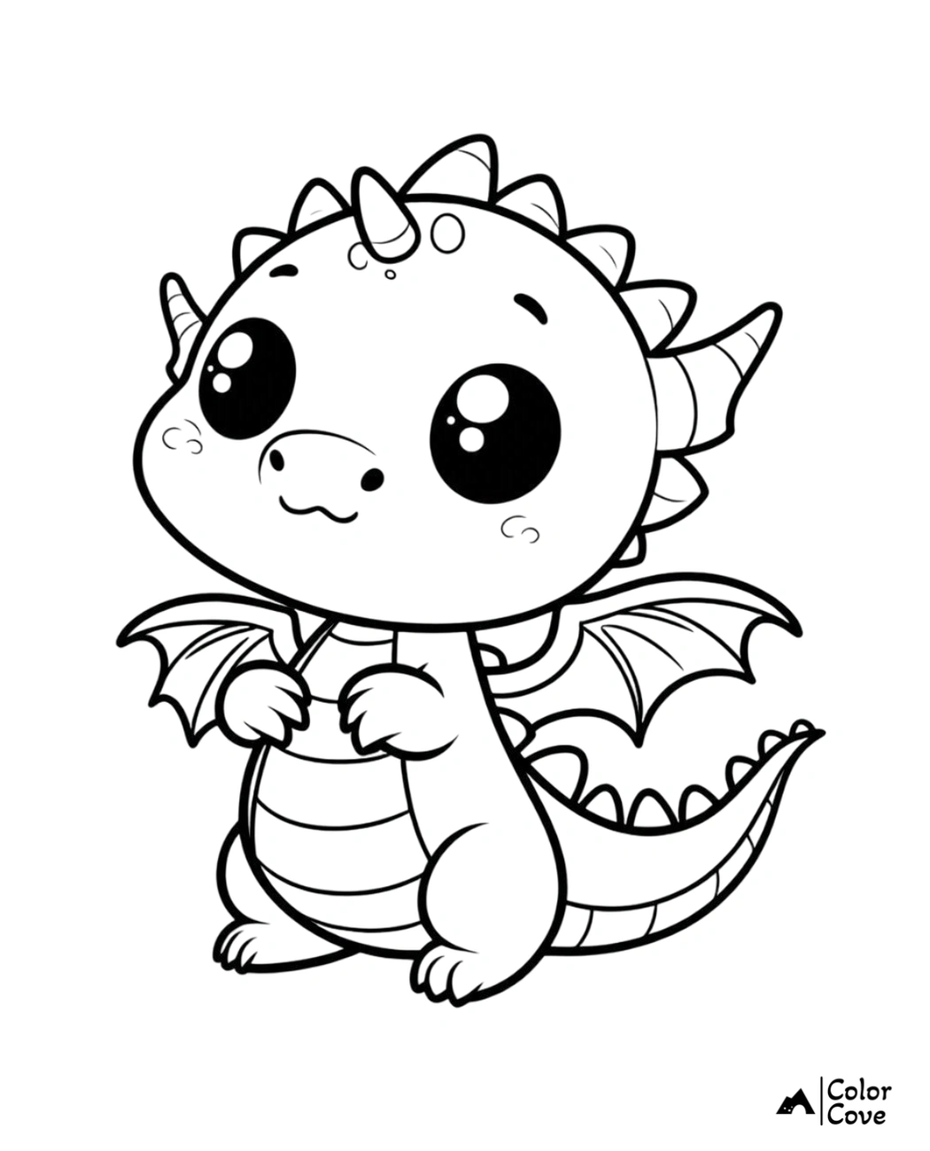 Cute baby dragon coloring page for kids with big eyes and small wings, perfect for printable children's activities.