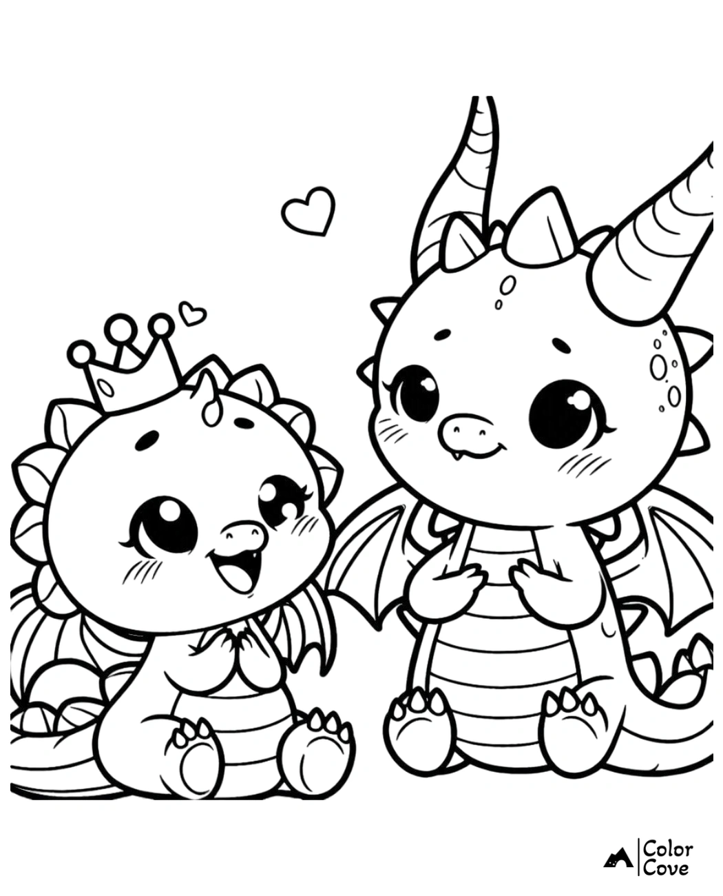 Adorable baby dragons coloring page with one wearing a crown and hearts floating above them.