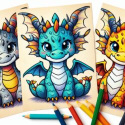 Three adorable dragon coloring pages with colorful pencils, featuring gray, blue, and orange dragons, perfect for kids.