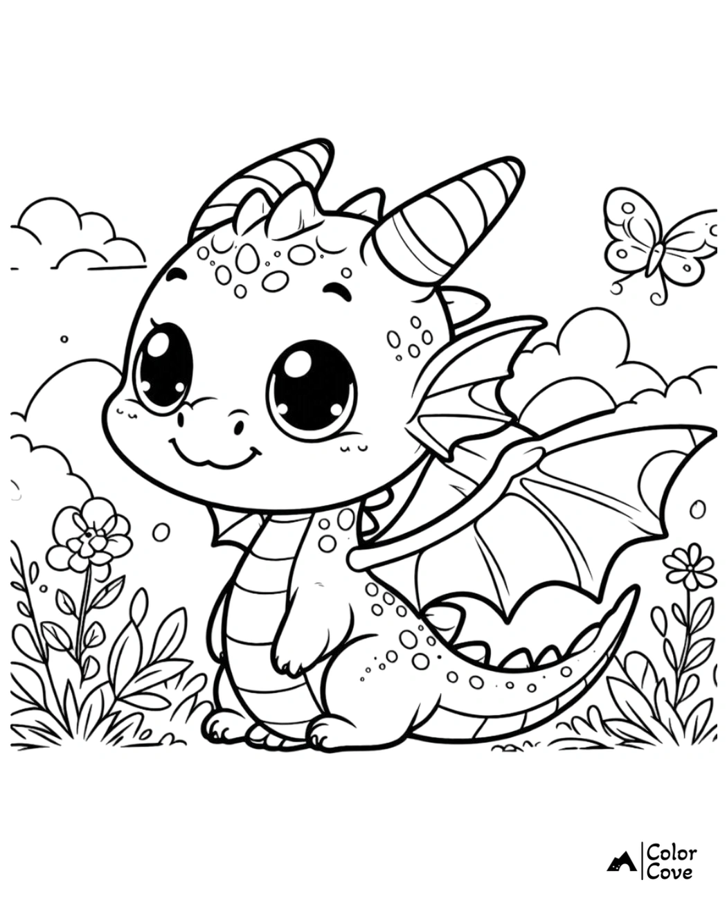 Cute baby dragon coloring page with butterfly, flowers, and clouds; perfect for kids' imaginative coloring fun.