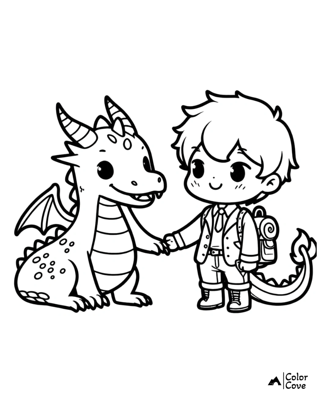 Coloring page: Cute boy with backpack and friendly dragon holding hands, perfect for kids' creative fun and imagination.