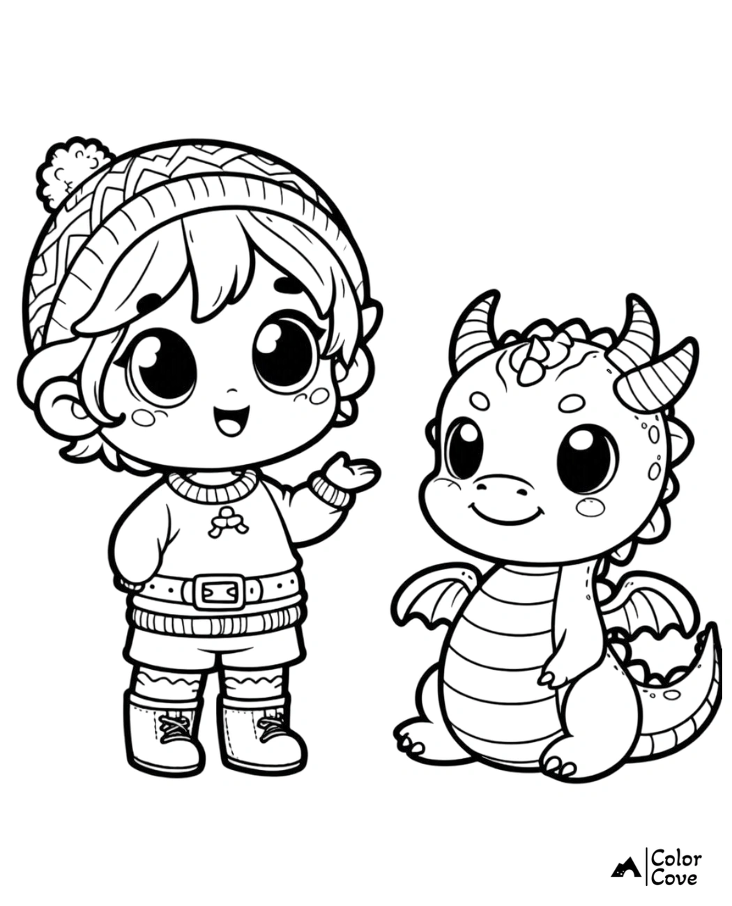 Cute coloring page featuring a child in winter clothes and a friendly dragon standing side by side, smiling.