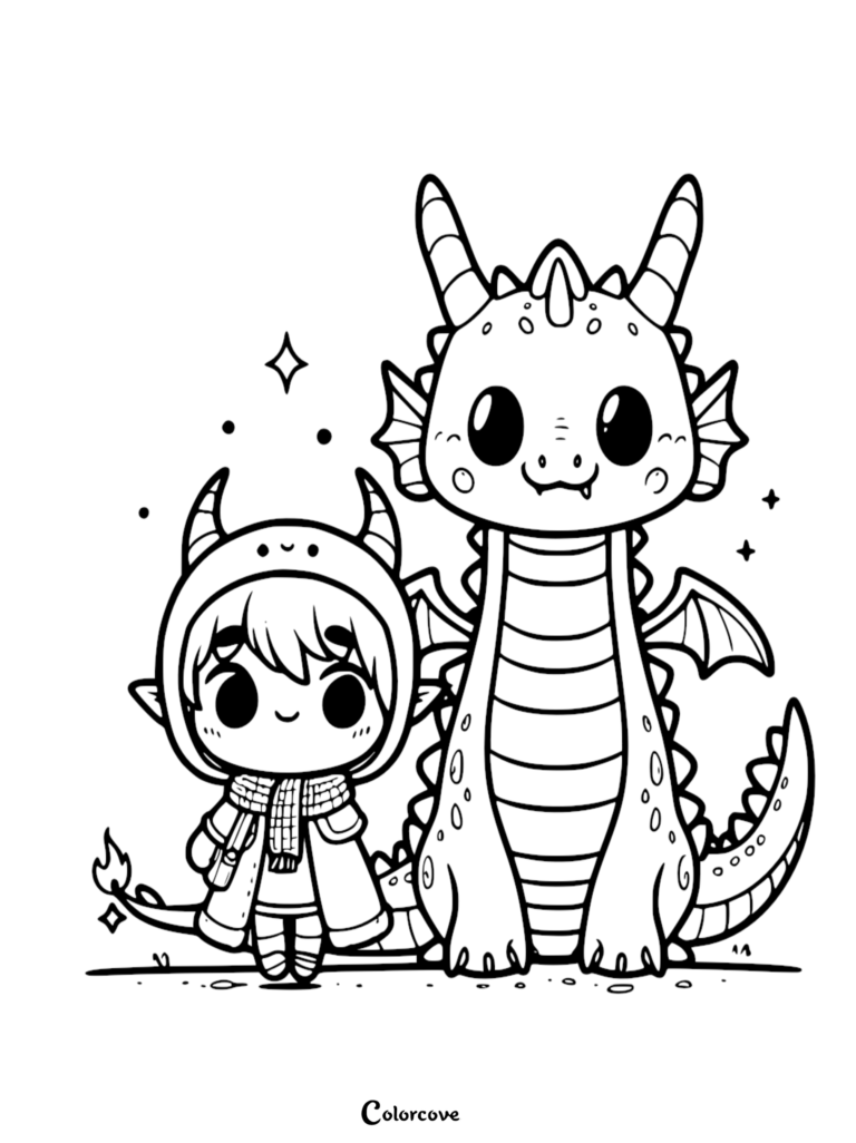 A cute dragon standing next to a child in a dragon hoodie on a printable coloring page.