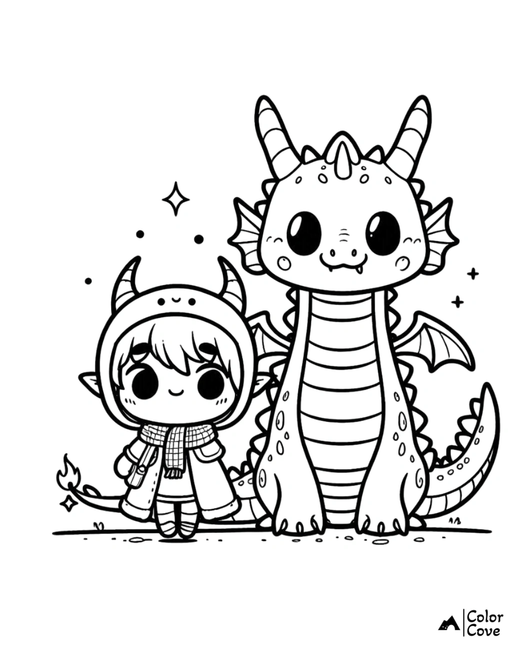 Cute dragon and child in dragon costume coloring page, perfect for kids' creativity and fun. Download and print now!